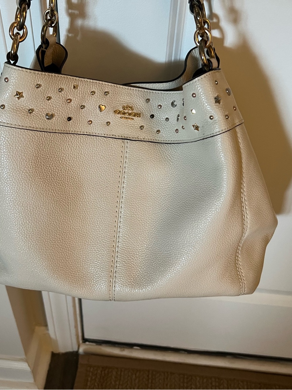 Coach Cream Leather Shoulder Bag with Gold Studs and Chain Straps